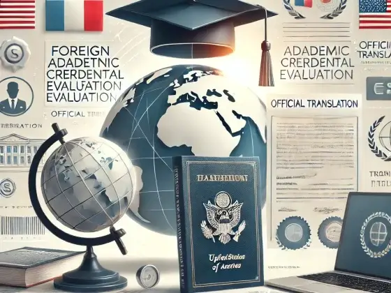 Documentos académicos, diplomas, y un globo representando la evaluación de credenciales extranjeras y traducciones oficiales.
